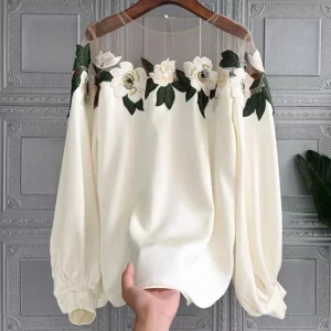 Early Autumn Socialite Style Heavy Industry Mesh Splicing Satin Embroidered Shirt Top For Women 2024 New Item