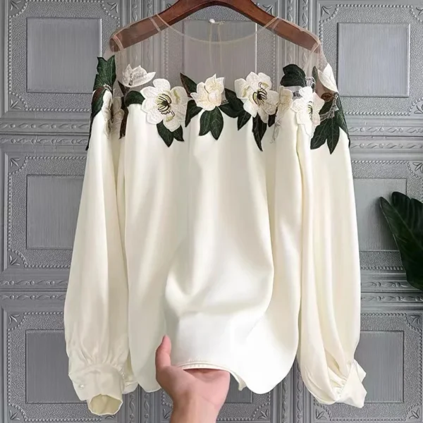 Early Autumn Socialite Style Heavy Industry Mesh Splicing Satin Embroidered Shirt Top For Women 2024 New Item