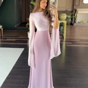 Eid Muslim Dress Women Abaya Party Long Dresses A Line Round Neck Full Sleeve Tight High Waist Slim Fit Splice Vestidos Largos