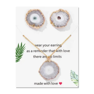 White Druzy Cluster Pendent Necklace Earring Set Natural Agates Cluster Crystal Charm Necklace Party Wedding Jewelry Gift Set