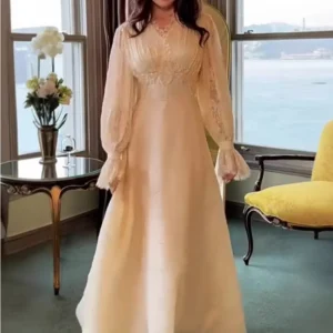 Eid Lace Dress Women Abaya Party Long Dresses Wedding Lace Up Puff Sleeve V Neck Solid Maxi Gown  A Line 2025 Female Vestidos