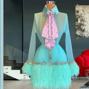 Turquoise Cocktail Dresses Sheath Long Sleeves Short Mini Tulle Beaded Feather Homecoming Dresses Haute Couture Customized